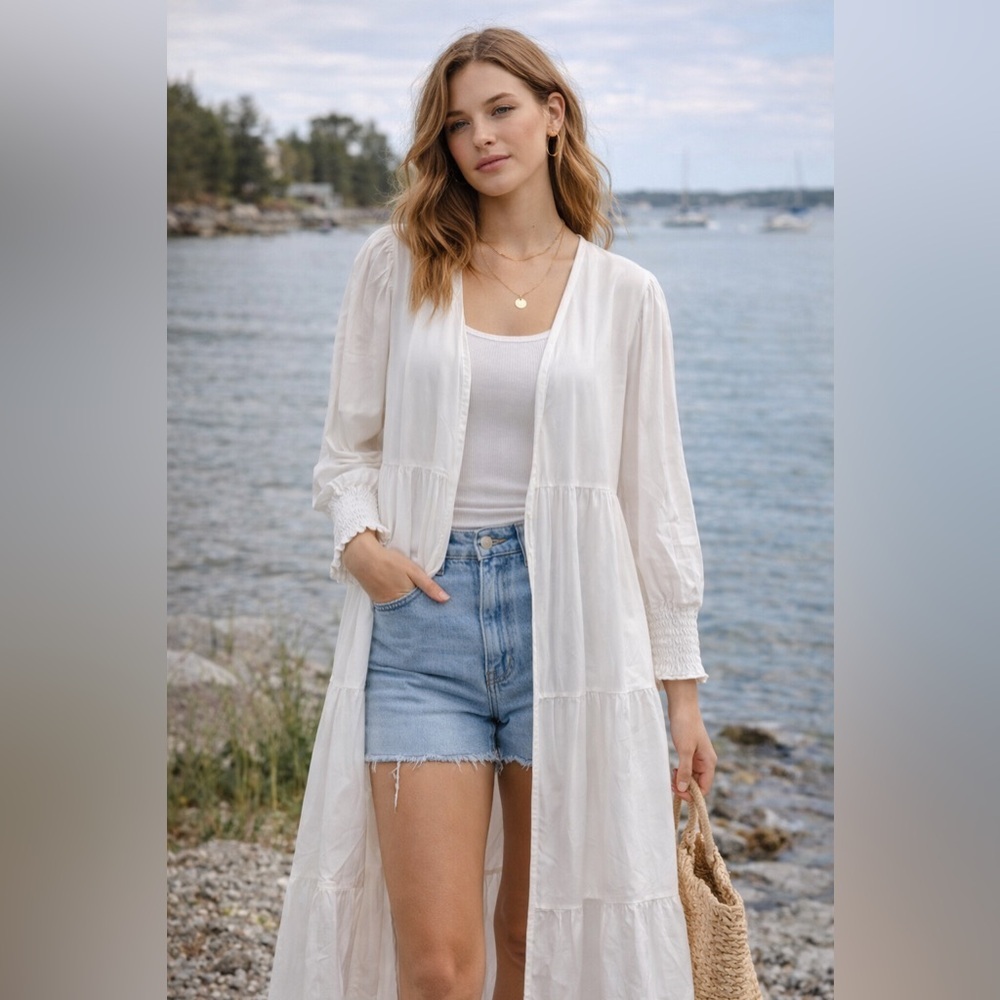 White Boho Tiered Duster Cardigan | Cottagecore Coastal Lightweight Layer